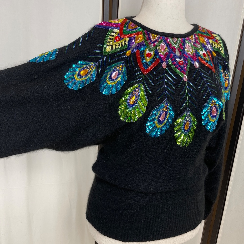 Vintage Cedars Embellished Sweater Silk Angora Blend Size S Peacock! Colorful!